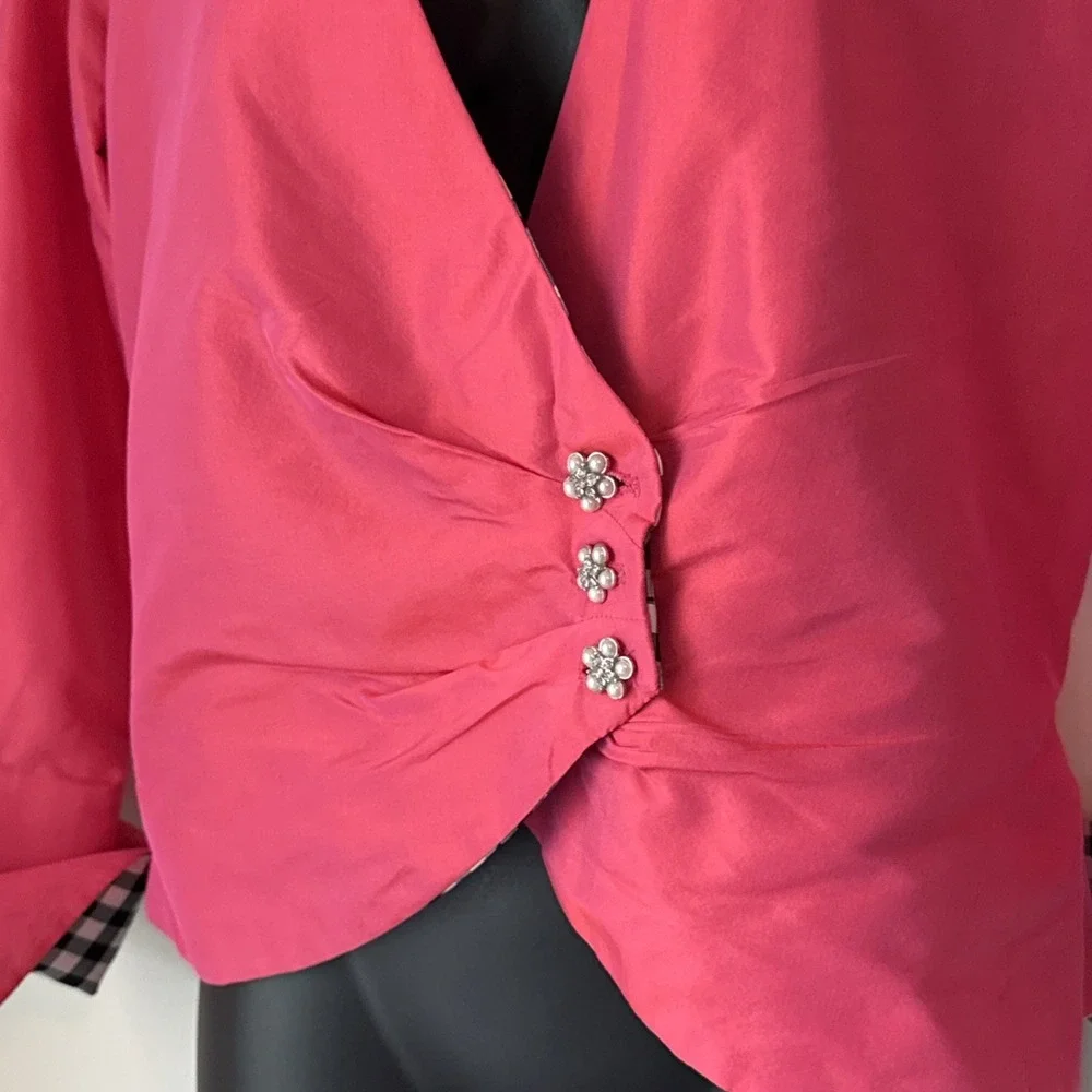 Marisa Baratelli Thai Silk Bright Pink Iridescent Rhinestone Button Front Blazer